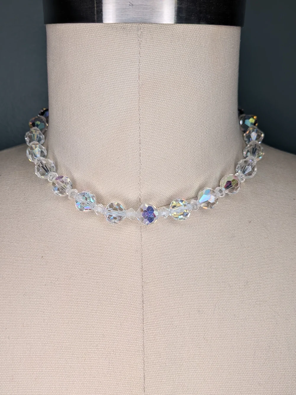 Vintage AB Crystal Faceted Glass Choker Necklace Iridescent Rainbow Sparkle